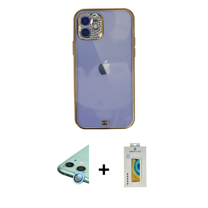 MARSİLYAN™- iPhone 12 Kılıf Eksen Minimal Koleksiyonu - Siyah Polymer Nano Ekran Koruyucu + Raze Metal Kamera Lens - MI