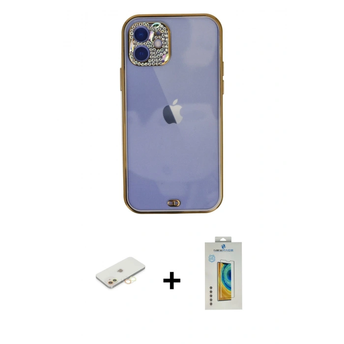 MARSİLYAN™- iPhone 12 Kılıf Eksen Minimal Koleksiyonu - Siyah Polymer Nano Ekran Koruyucu + Renkli Kamera Lens Koruma Cam - SI