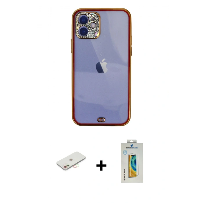 MARSİLYAN™- iPhone 12 Kılıf Eksen Minimal Koleksiyonu - Siyah Polymer Nano Ekran Koruyucu + Renkli Kamera Lens Koruma Cam - YL
