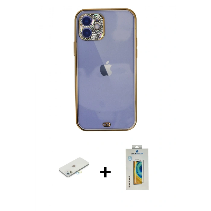 MARSİLYAN™- iPhone 12 Kılıf Eksen Minimal Koleksiyonu - Siyah Polymer Nano Ekran Koruyucu + Renkli Kamera Lens Koruma Cam - SI