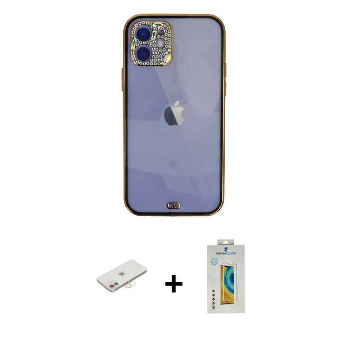 MARSİLYAN™- iPhone 12 Kılıf Eksen Minimal Koleksiyonu - Siyah Polymer Nano Ekran Koruyucu + Renkli Kamera Lens Koruma Cam - YL