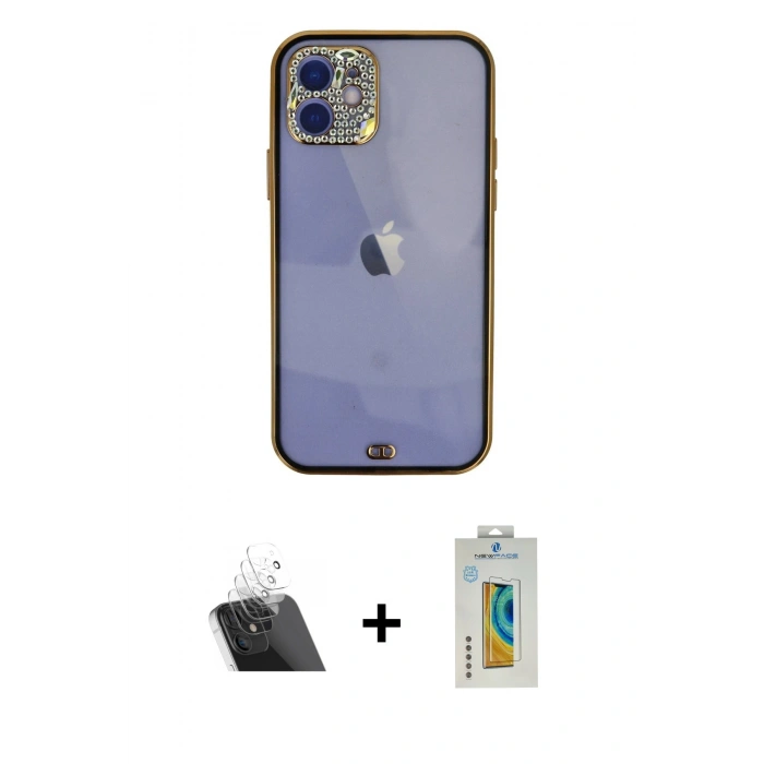 MARSİLYAN™- iPhone 12 Kılıf Eksen Minimal Koleksiyonu - Siyah Polymer Nano Ekran Koruyucu + Kamera Lens Koruma Cam - SF