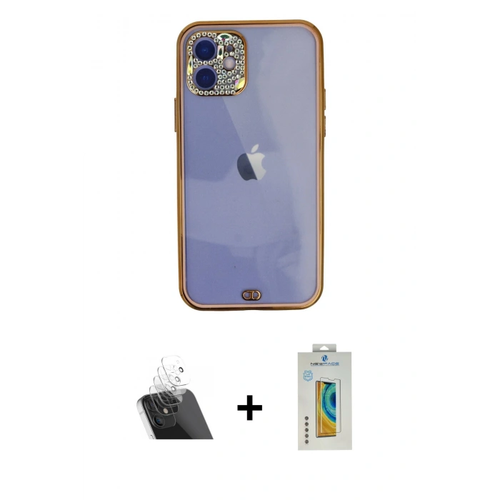 MARSİLYAN™- iPhone 12 Kılıf Eksen Minimal Koleksiyonu - Siyah Polymer Nano Ekran Koruyucu + Kamera Lens Koruma Cam - SF