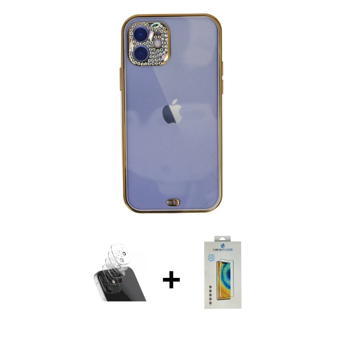 MARSİLYAN™- iPhone 12 Kılıf Eksen Minimal Koleksiyonu - Siyah Polymer Nano Ekran Koruyucu + Kamera Lens Koruma Cam - SF