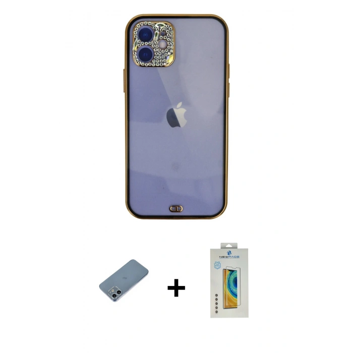 MARSİLYAN™- iPhone 12 Kılıf Eksen Minimal Koleksiyonu - Siyah Polymer Nano Ekran Koruyucu + Shine Kamera Lens Koruma Cam - SABE