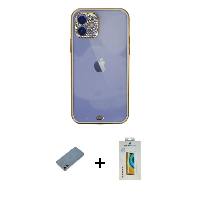 MARSİLYAN™- iPhone 12 Kılıf Eksen Minimal Koleksiyonu - Siyah Polymer Nano Ekran Koruyucu + Shine Kamera Lens Koruma Cam - SABE