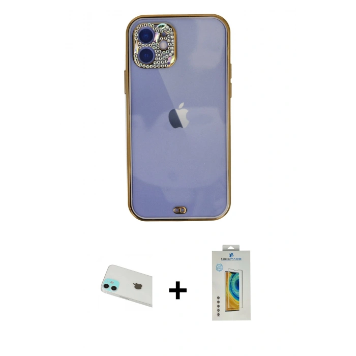 MARSİLYAN™- iPhone 12 Kılıf Eksen Minimal Koleksiyonu - Siyah Polymer Nano Ekran Koruyucu + Rainbow Kamera Lens Koruma Cam - YL