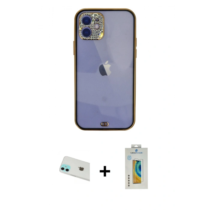 MARSİLYAN™- iPhone 12 Kılıf Eksen Minimal Koleksiyonu - Siyah Polymer Nano Ekran Koruyucu + Rainbow Kamera Lens Koruma Cam - YL