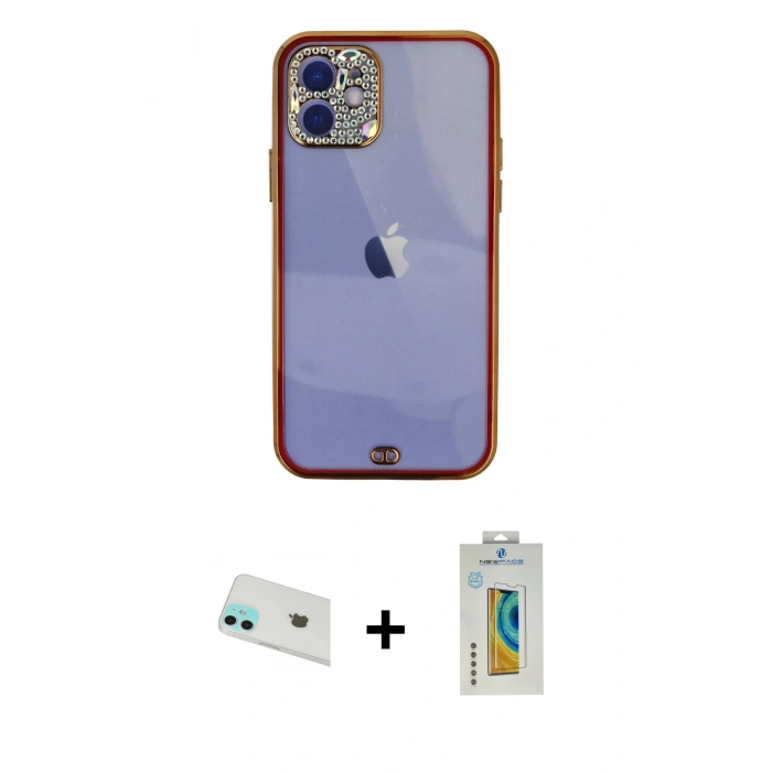 MARSİLYAN™- iPhone 12 Kılıf Eksen Minimal Koleksiyonu - Siyah Polymer Nano Ekran Koruyucu + Rainbow Kamera Lens Koruma Cam - YL