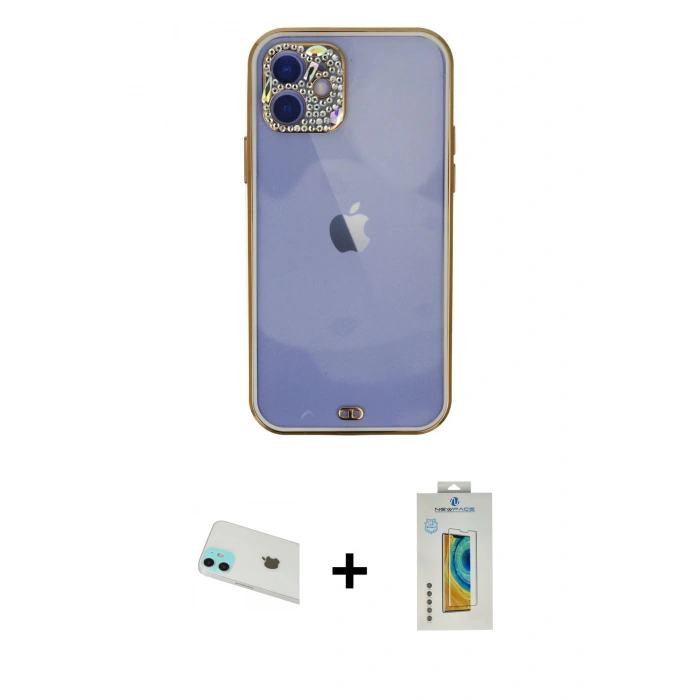 MARSİLYAN™- iPhone 12 Kılıf Eksen Minimal Koleksiyonu - Siyah Polymer Nano Ekran Koruyucu + Rainbow Kamera Lens Koruma Cam - YL