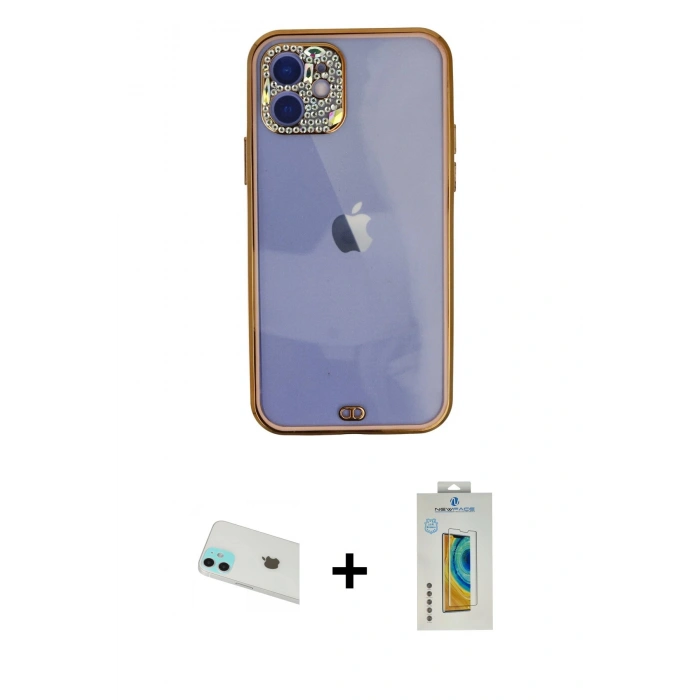 MARSİLYAN™- iPhone 12 Kılıf Eksen Minimal Koleksiyonu - Siyah Polymer Nano Ekran Koruyucu + Rainbow Kamera Lens Koruma Cam - YL
