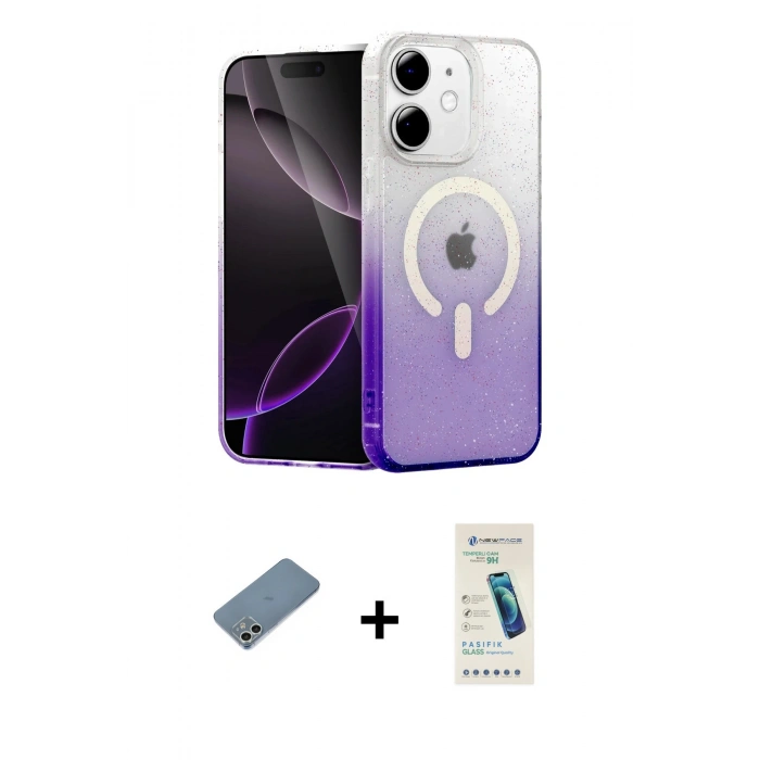 MARSİLYAN™- iPhone 12 Kılıf Eksen Minimal Özel Seri - Şeffaf Pasifik Cam Ekran Koruyucu + Shine Kamera Lens Koruma Cam - GS