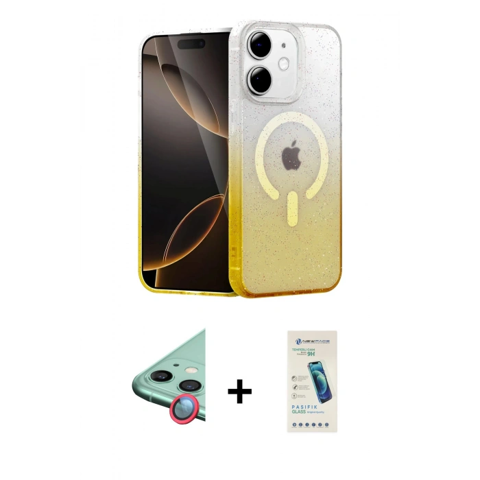 MARSİLYAN™- iPhone 12 Kılıf Eksen Minimal Özel Seri - Şeffaf Pasifik Cam Ekran Koruyucu + Kırmızı Raze Metal Kamera Lens