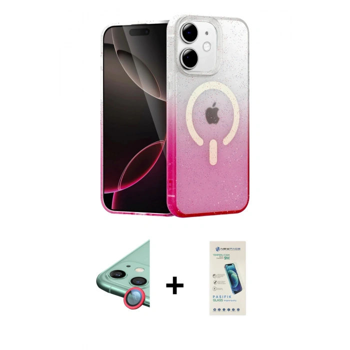 MARSİLYAN™- iPhone 12 Kılıf Eksen Minimal Özel Seri - Şeffaf Pasifik Cam Ekran Koruyucu + Kırmızı Raze Metal Kamera Lens