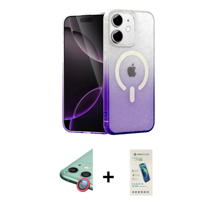 MARSİLYAN™- iPhone 12 Kılıf Eksen Minimal Özel Seri - Şeffaf Pasifik Cam Ekran Koruyucu + Kırmızı Raze Metal Kamera Lens