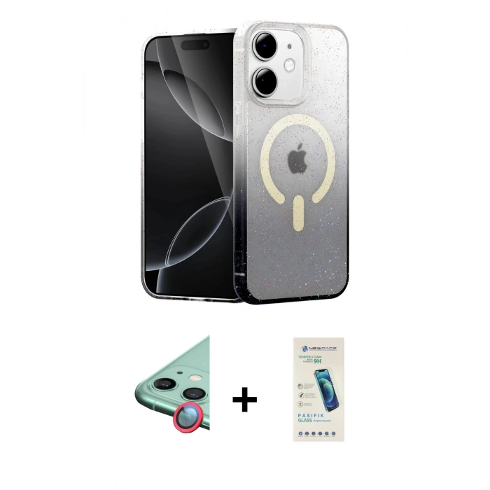 MARSİLYAN™- iPhone 12 Kılıf Eksen Minimal Özel Seri - Şeffaf Pasifik Cam Ekran Koruyucu + Kırmızı Raze Metal Kamera Lens