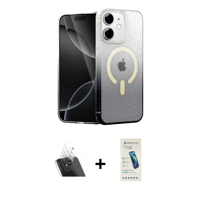 MARSİLYAN™- iPhone 12 Kılıf Eksen Minimal Özel Seri - Şeffaf Pasifik Cam Ekran Koruyucu + Kamera Lens Koruma Cam - SF