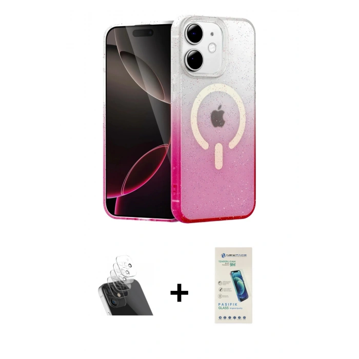 MARSİLYAN™- iPhone 12 Kılıf Eksen Minimal Özel Seri - Şeffaf Pasifik Cam Ekran Koruyucu + Kamera Lens Koruma Cam - SF