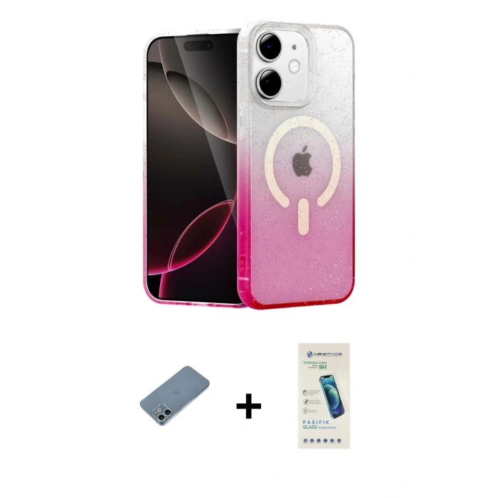 MARSİLYAN™- iPhone 12 Kılıf Eksen Minimal Özel Seri - Şeffaf Pasifik Cam Ekran Koruyucu + Shine Kamera Lens Koruma Cam - SABE