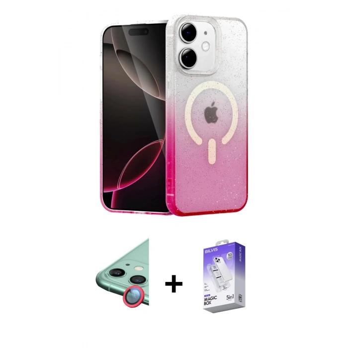 MARSİLYAN™- iPhone 12 Kılıf Eksen Minimal Özel Seri - Siyah Bilvis 5in1 3D Magic Cam Ekran Koruyucu + Raze Metal Kamera Lens - KI