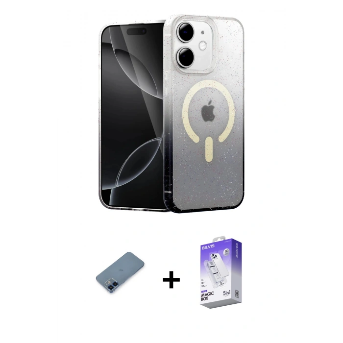 MARSİLYAN™- iPhone 12 Kılıf Eksen Minimal Özel Seri - Siyah Bilvis 5in1 3D Magic Cam Ekran Koruyucu + Metal Kamera Lens Koruma Cam - MI