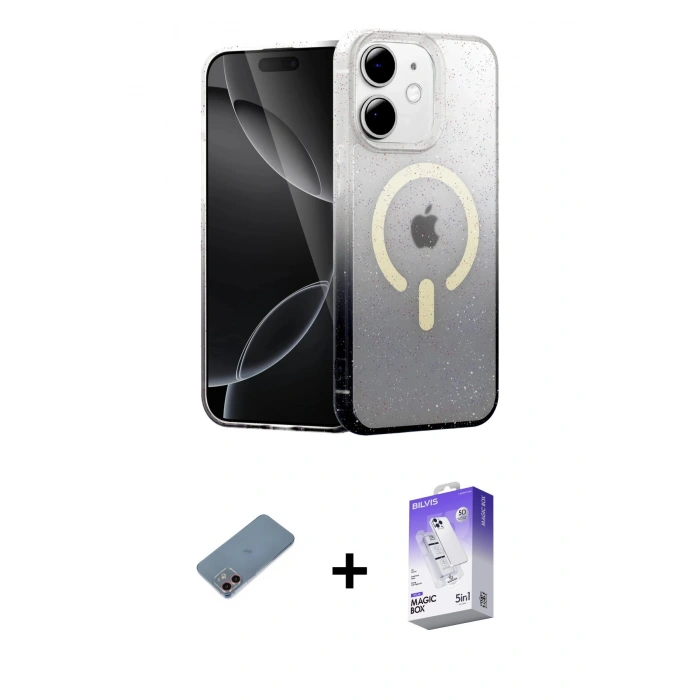 MARSİLYAN™- iPhone 12 Kılıf Eksen Minimal Özel Seri - Siyah Bilvis 5in1 3D Magic Cam Ekran Koruyucu + Pembe Shine Kamera Lens Koruma Cam