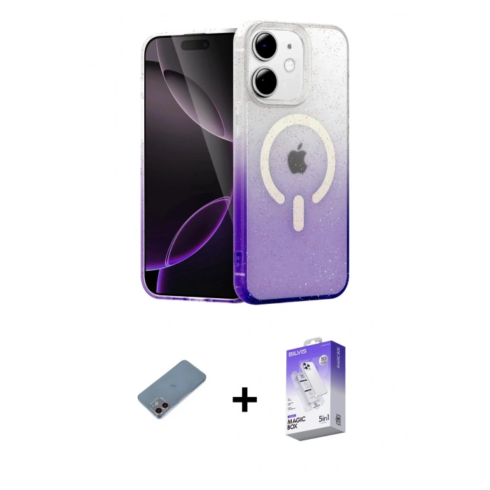 MARSİLYAN™- iPhone 12 Kılıf Eksen Minimal Özel Seri - Siyah Bilvis 5in1 3D Magic Cam Ekran Koruyucu + Pembe Shine Kamera Lens Koruma Cam