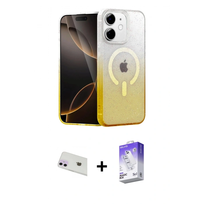 MARSİLYAN™- iPhone 12 Kılıf Eksen Minimal Özel Seri - Siyah Bilvis 5in1 3D Magic Cam Ekran Koruyucu + Rainbow Kamera Lens Koruma Cam - MR