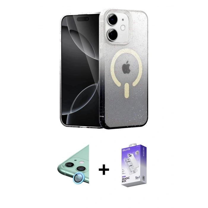 MARSİLYAN™- iPhone 12 Kılıf Eksen Minimal Özel Seri - Siyah Bilvis 5in1 3D Magic Cam Ekran Koruyucu + Raze Metal Kamera Lens - MI