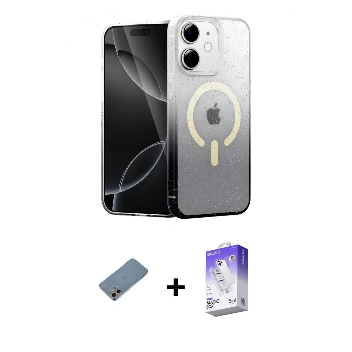MARSİLYAN™- iPhone 12 Kılıf Eksen Minimal Özel Seri - Siyah Bilvis 5in1 3D Magic Cam Ekran Koruyucu + Shine Kamera Lens Koruma Cam - GI