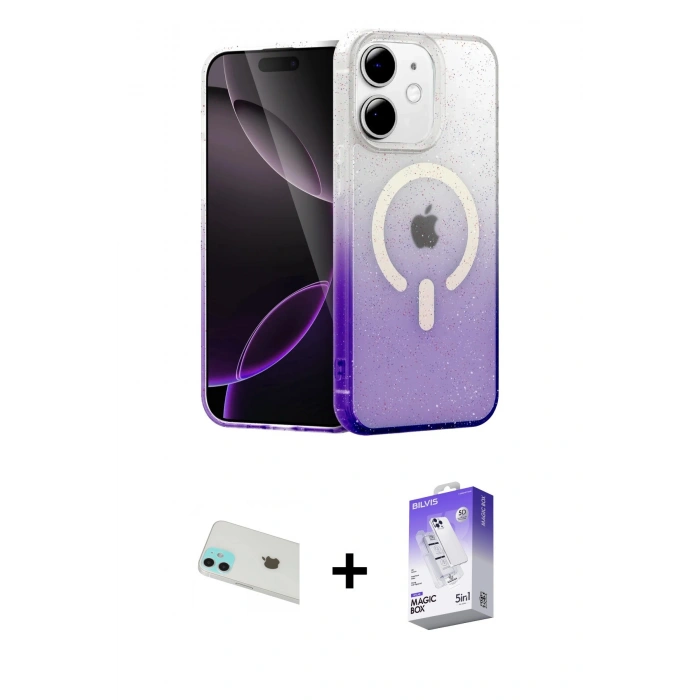 MARSİLYAN™- iPhone 12 Kılıf Eksen Minimal Özel Seri - Siyah Bilvis 5in1 3D Magic Cam Ekran Koruyucu + Rainbow Kamera Lens Koruma Cam - YL
