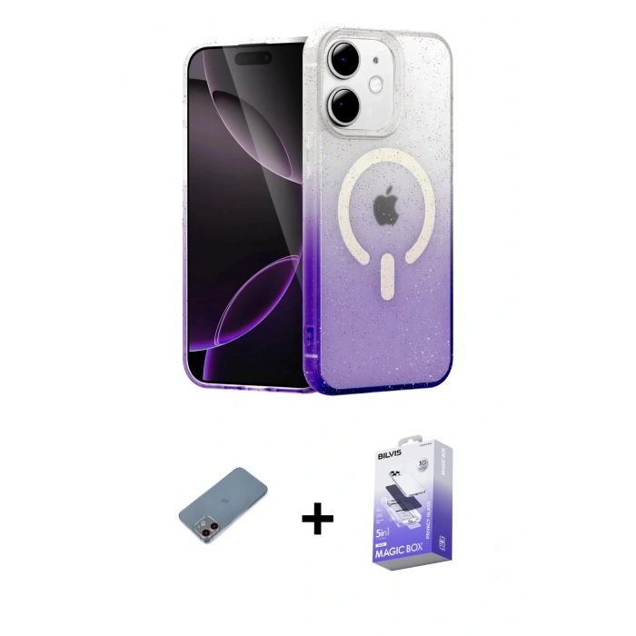 MARSİLYAN™- iPhone 12 Kılıf Eksen Minimal Özel Seri - Siyah Bilvis 5in1 5D Magic Hayalet Cam Ekran Koruyucu + Shine Kamera Lens Koruma Cam - PE