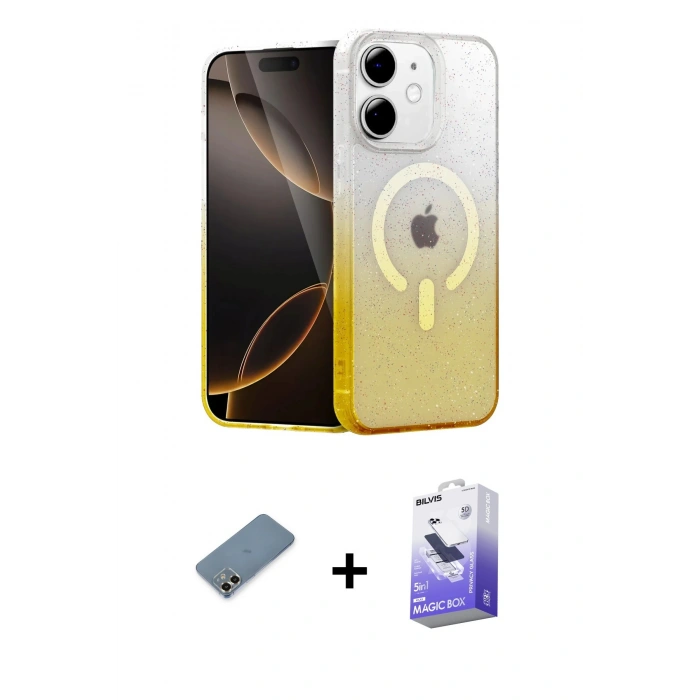 MARSİLYAN™- iPhone 12 Kılıf Eksen Minimal Özel Seri - Siyah Bilvis 5in1 5D Magic Hayalet Cam Ekran Koruyucu + Gold Metal Kamera Lens Koruma Cam