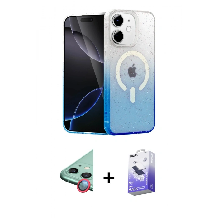 MARSİLYAN™- iPhone 12 Kılıf Eksen Minimal Özel Seri - Siyah Bilvis 5in1 5D Magic Hayalet Cam Ekran Koruyucu + Raze Metal Kamera Lens - KI