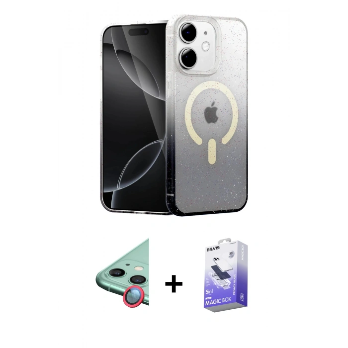MARSİLYAN™- iPhone 12 Kılıf Eksen Minimal Özel Seri - Siyah Bilvis 5in1 5D Magic Hayalet Cam Ekran Koruyucu + Raze Metal Kamera Lens - KI