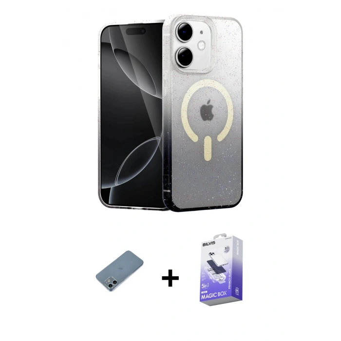 MARSİLYAN™- iPhone 12 Kılıf Eksen Minimal Özel Seri - Siyah Bilvis 5in1 5D Magic Hayalet Cam Ekran Koruyucu + Shine Kamera Lens Koruma Cam - SABE