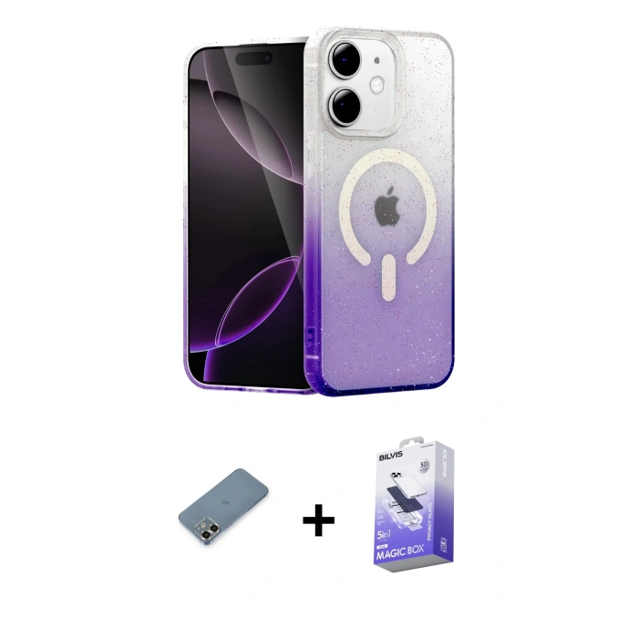 MARSİLYAN™- iPhone 12 Kılıf Eksen Minimal Özel Seri - Siyah Bilvis 5in1 5D Magic Hayalet Cam Ekran Koruyucu + Gold Metal Kamera Lens Koruma Cam
