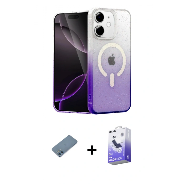 MARSİLYAN™- iPhone 12 Kılıf Eksen Minimal Özel Seri - Siyah Bilvis 5in1 5D Magic Hayalet Cam Ekran Koruyucu + Shine Kamera Lens Koruma Cam - MI