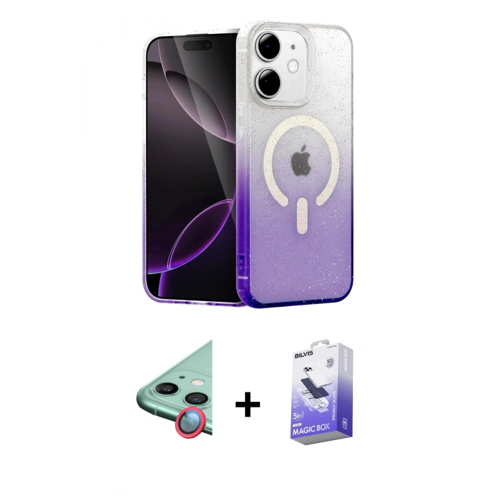MARSİLYAN™- iPhone 12 Kılıf Eksen Minimal Özel Seri - Siyah Bilvis 5in1 5D Magic Hayalet Cam Ekran Koruyucu + Raze Metal Kamera Lens - KI