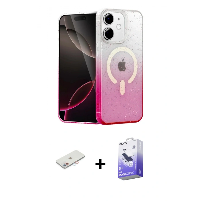 MARSİLYAN™- iPhone 12 Kılıf Eksen Minimal Özel Seri - Siyah Bilvis 5in1 5D Magic Hayalet Cam Ekran Koruyucu + Renkli Kamera Lens Koruma Cam - PE