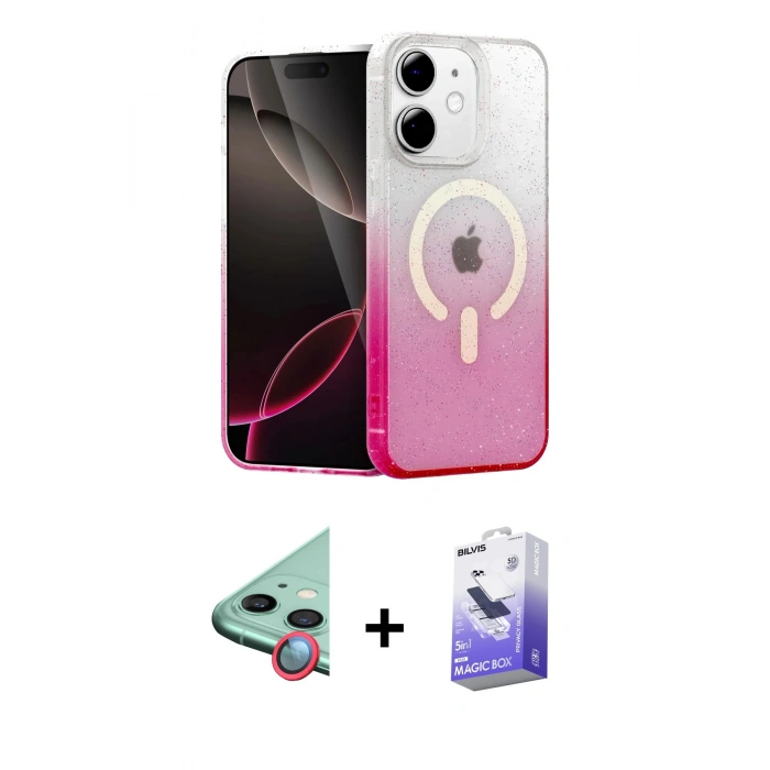 MARSİLYAN™- iPhone 12 Kılıf Eksen Minimal Özel Seri - Siyah Bilvis 5in1 5D Magic Hayalet Cam Ekran Koruyucu + Raze Metal Kamera Lens - KI