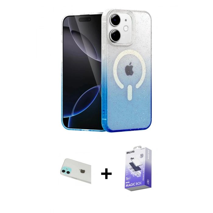 MARSİLYAN™- iPhone 12 Kılıf Eksen Minimal Özel Seri - Siyah Bilvis 5in1 5D Magic Hayalet Cam Ekran Koruyucu + Rainbow Kamera Lens Koruma Cam - YL