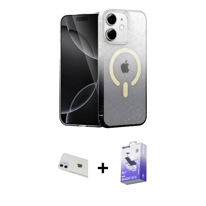 MARSİLYAN™- iPhone 12 Kılıf Eksen Minimal Özel Seri - Siyah Bilvis 5in1 5D Magic Hayalet Cam Ekran Koruyucu + Mor Rainbow Kamera Lens Koruma Cam