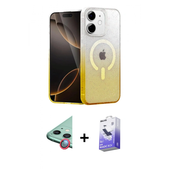 MARSİLYAN™- iPhone 12 Kılıf Eksen Minimal Özel Seri - Siyah Bilvis 5in1 5D Magic Hayalet Cam Ekran Koruyucu + Raze Metal Kamera Lens - KI