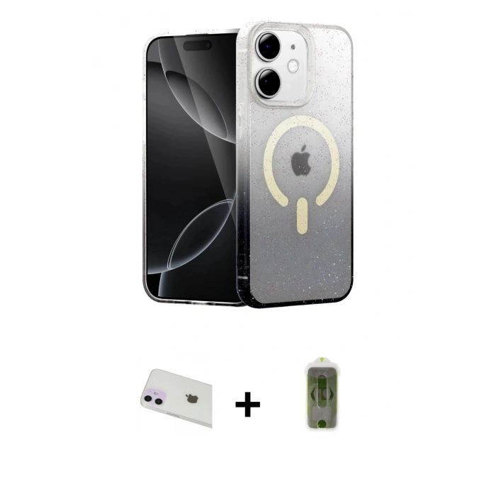 MARSİLYAN™- iPhone 12 Kılıf Eksen Minimal Özel Seri - Siyah Joko Magic 5D Hayalet Cam + Rainbow Kamera Lens Koruma Cam - MR