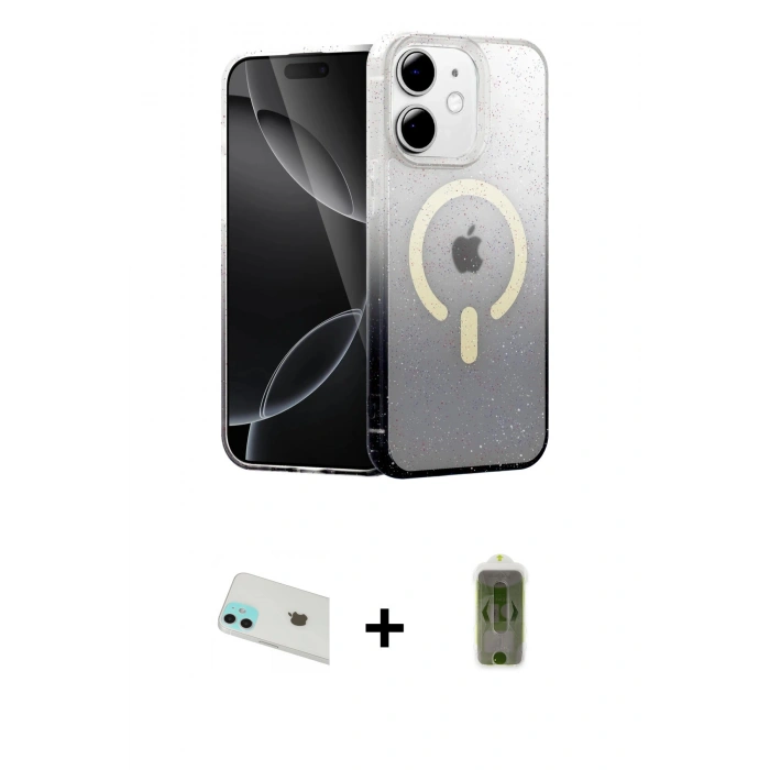 MARSİLYAN™- iPhone 12 Kılıf Eksen Minimal Özel Seri - Siyah Joko Magic 5D Hayalet Cam + Rainbow Kamera Lens Koruma Cam - YL