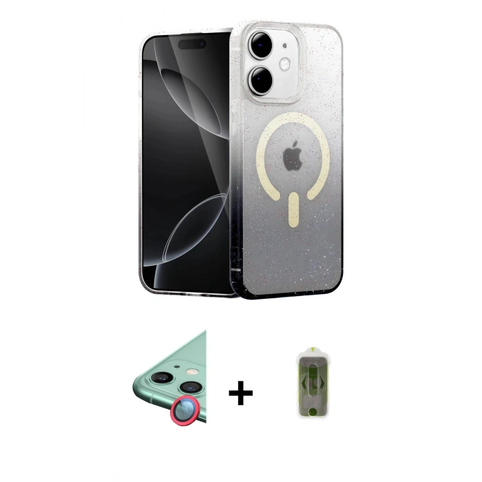 MARSİLYAN™- iPhone 12 Kılıf Eksen Minimal Özel Seri - Siyah Joko Magic 5D Hayalet Cam + Raze Metal Kamera Lens - KI