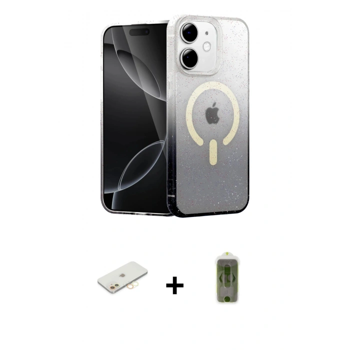 MARSİLYAN™- iPhone 12 Kılıf Eksen Minimal Özel Seri - Siyah Joko Magic 5D Hayalet Cam + Renkli Kamera Lens Koruma Cam - SI
