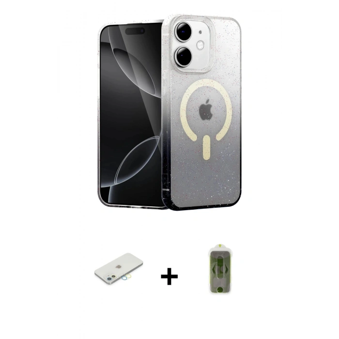 MARSİLYAN™- iPhone 12 Kılıf Eksen Minimal Özel Seri - Siyah Joko Magic 5D Hayalet Cam + Renkli Kamera Lens Koruma Cam - SI