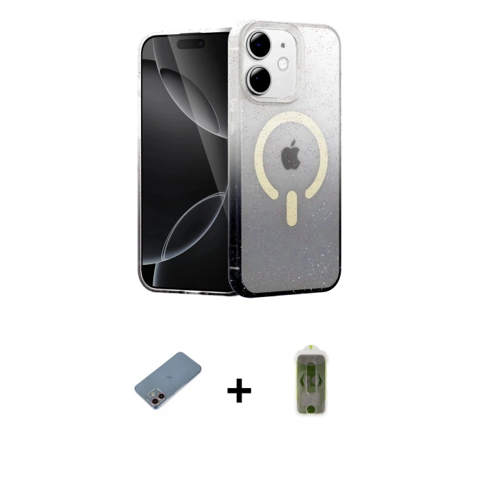 MARSİLYAN™- iPhone 12 Kılıf Eksen Minimal Özel Seri - Siyah Joko Magic 5D Hayalet Cam + Shine Kamera Lens Koruma Cam - PE